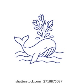 Whale Line Art Vector With Leaves Splash Minimal Print Nature Ocean Kids Design