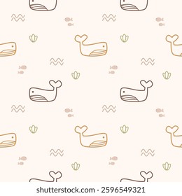 Whale line cartoon so cute. On seaweed fish wave background. Pattern seamless vector illustration. 