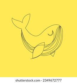 Whale line drawing, vector illustration, cartoon fish