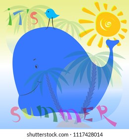 whale and little bird summer illustration. palm trees and sea cartoon vector illustration. summer time vector poster. its summer cartoon vector illustration.

