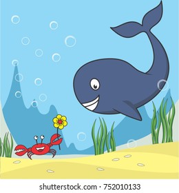 whale and little friends, vector cartoon, coloring book or page