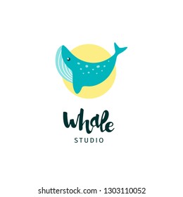 whale logo, cartoon sign, blue whale, big fish