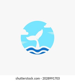 Whale logo design inspiration, tail whale logo design with ocean and sky vector illustration isolated on white background
