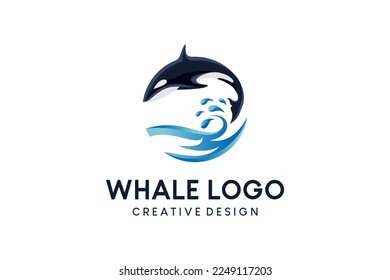 Whale logo design jumping over creative waves