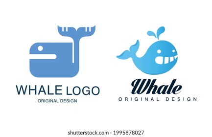 Whale Logo Design Set, Sealife, Summer Adventure, Company Identity Labels, Badges Flat Vector Illustration