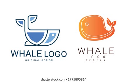Whale Logo Design Set, Sealife, Summer Adventure, Seafood Labels, Badges Flat Vector Illustration