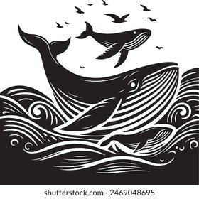 Whale Logo Design Silhouette, Suitable for T-shirt Design or Wallpaper
