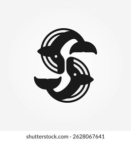 Whale Logo Design, whales forming letter S logo, whale logo design template element, vector illustration