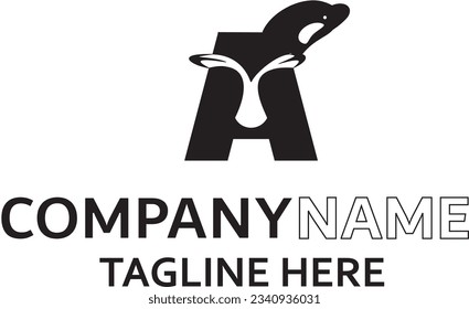 Whale logo in the form of the letter A, black and white typhographic letter logo