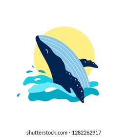 whale logo, moon whale, cute logotype, sign, vector illustration, whale under whater, moon whale