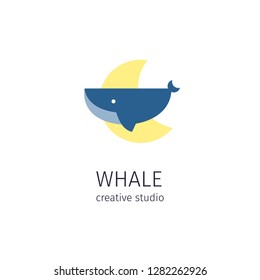 whale logo, moon whale, cute logotype, sign, vector illustration, whale under whater, moon whale