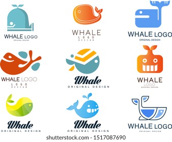 Whale logos original design set, creative emblems can be used for travel agency, shipping company, seafood market, pool vector Illustrations on a white background