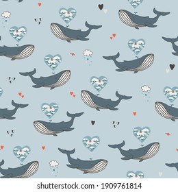 Whale love ocean vector seamless pattern