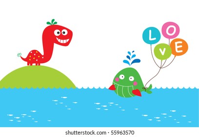 whale loves dinosaur