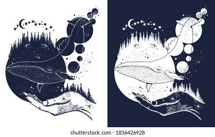 Whale, magic forest and hands tattoo art. Symbol of dream, freedom, travel, imagination and meditation. T-shirt design. Black and white vector graphics 