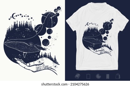 Whale, magic forest and hands tattoo art. Symbol of dream, freedom, travel, imagination and meditation. T-shirt design. Vector graphics template. Hand drawn illustration 