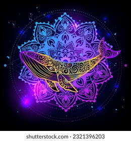 Whale mandala psychedelic. Vector illustration. Colorful Psychedelic art. Whale sea animal in Zen boho style. Hippie, hallucination. Space cosmic mystical print