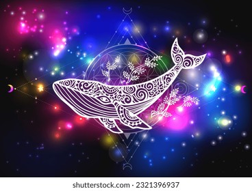 Whale mandala psychedelic. Vector illustration. Colorful Psychedelic art. Whale sea animal in Zen boho style. Hippie, hallucination. Space cosmic mystical print svg