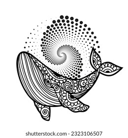 Whale mandala. Vector illustration. Adult coloring page. Whale sea animal in Zen boho style. Peaceful marine. Mystical psychedelic art, Optical illusion