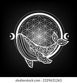 Mandala de ballena. Ilustración vectorial. Página de coloreado para adultos. Buey de mar de ballena al estilo Zen boho. Mar pacífico. Arte místico y espiritual