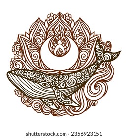 Mandala de ballena. Ilustración vectorial. Página de coloreado para adultos. Buey de mar de ballena al estilo Zen boho. Sagrado, Pacífico. Tattoo henna print