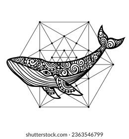 Whale mandala. Vector illustration. Adult coloring page. Whale sea animal in Zen boho style. Sacred geometry, Peaceful. Tatoo print