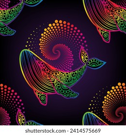 Whale mandala. Vector illustration. Adult coloring page. Whale sea animal in Zen boho style. Peaceful marine. Mystical psychedelic art, Optical illusion