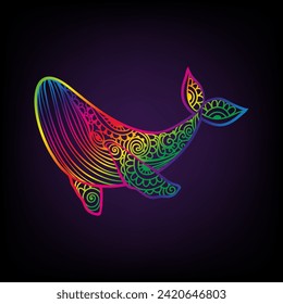 Whale mandala. Vector illustration. Adult coloring page. Whale sea animal in Zen boho style. Peaceful marine. Mystical and Spiritual art, psychedelic art