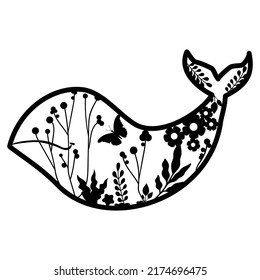 Whale mandala vector illustration. Butterflies and flowers. 