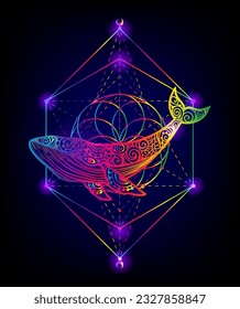 Whale mandala. Vector illustration. Whale sea animal in Zen boho style. Sacred geometry, Peaceful. Tattoo print. Hippie, hallucination. Psychedelic mystical print