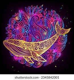 Whale mandala. Vector illustration. Whale sea animal in Zen boho style. Sacred geometry, Peaceful. Tattoo henna, Hippie, hallucination. Psychedelic mystical print