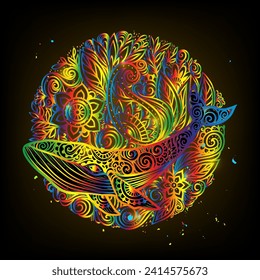 Whale mandala. Vector illustration. Whale sea animal in Zen boho style. Sacred geometry, Peaceful. Tattoo print. Hippie, hallucination. Psychedelic mystical print