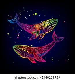 Whale mandala. Vector illustration. Whale sea animal in Zen boho style. Sacred geometry, Peaceful. Tattoo print. Hippie, hallucination. Psychedelic mystical print