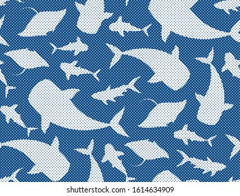 Whale, manta ray, shark, whale sharks fish vector seamless pattern. Wildlife ocean saltwater sea animals classic blue and white background. 
