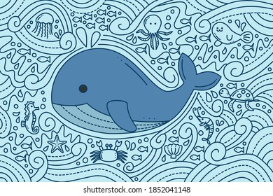 Whale and marine animals doodle style