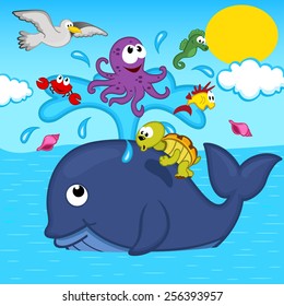 whale and marine animals - vector illustration, eps