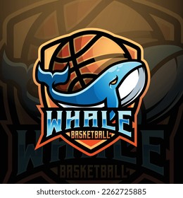 Whale mascot basketball team logo design vector with modern illustration concept style for badge, emblem and tshirt printing. logo illustration for sport, gamer, streamer, league and esport team.