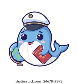 Whale mascot logo, A small, adorable whale with a sailor's hat, holding a tiny globe in one fin and a passport in the other.