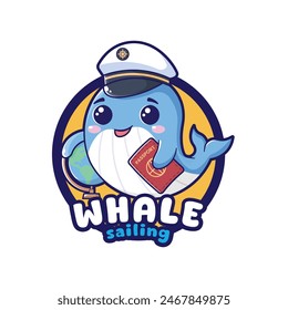 Whale mascot logo, A small, adorable whale with a sailor's hat, holding a tiny globe in one fin and a passport in the other.