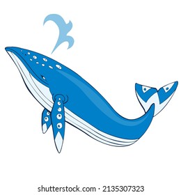 Whale mascot of a swimming team. Blue whale swimming in the ocean. Swimming mascot illustration concept.
