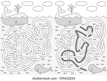 Whale maze for kids with a solution in black and white