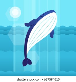 Whale - modern vector flat illustration. Cartoon animal character. Gift image of whale swimming, relaxing, resting in the sea, ocean, water.