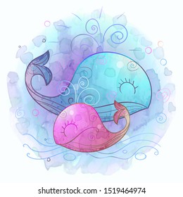 Whale mom with a small whale. Motherhood. Watercolor. Vector.