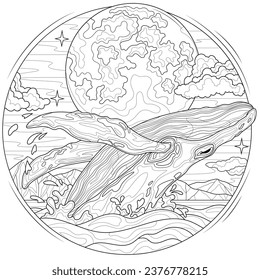Whale and Moon.Coloring book antistress for children and adults. Illustration isolated on white background.Zen-tangle style. 