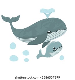 Whale mother and her baby. Cartoon animal family isolated on white background. Cute character with water fountain. Vector design for use in card, banner template,cover,stickers. Childish print .