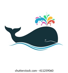 Whale with multicolored fountain blow for creativity, diversity, joy, imagination concept