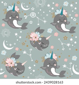 Whale and narwhal in boho style seamless pattern. Starry sky. Vector  illustration