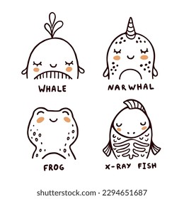 Whale, narwhal, frog and x-ray fish cute vector illustrations collection on white background. Animals living in water for children education