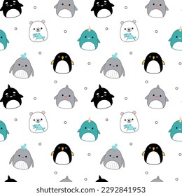 Whale, narwhal, polar bear, shark, penguin on seamless pattern. Squishmallow. Kawaii, vector. Isolated vector illustration eps 10