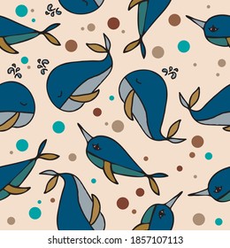 Whale and narwhal seamless pattern. Hand drawing, children's illustration